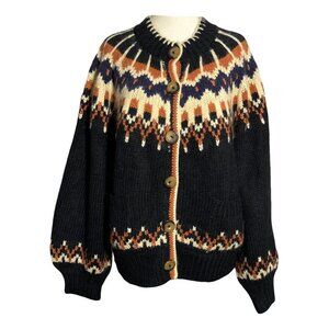 Dôen hue cardigan size medium! Black/orange/cream Fair Isle
